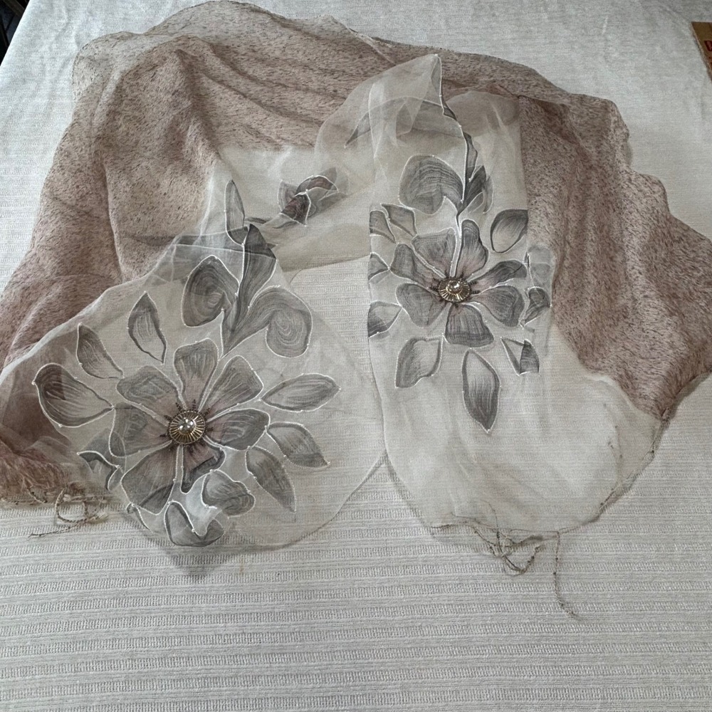 J. Peterman Wool Silk Floral Beaded Sheer Scarf Brown Gray Tassel Fringe